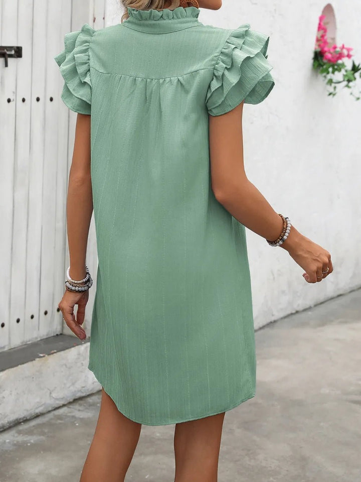 Ivy Lane Ruffled Notched Cap Sleeve Mini Dress - VeauBeauty