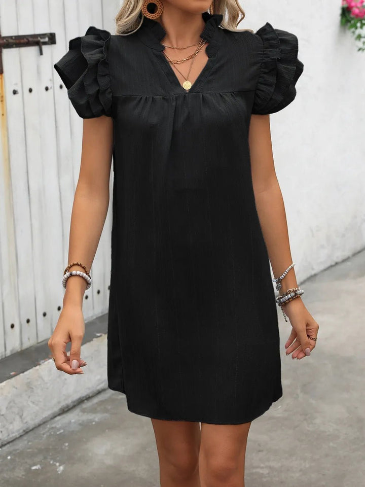 Ivy Lane Ruffled Notched Cap Sleeve Mini Dress - VeauBeauty