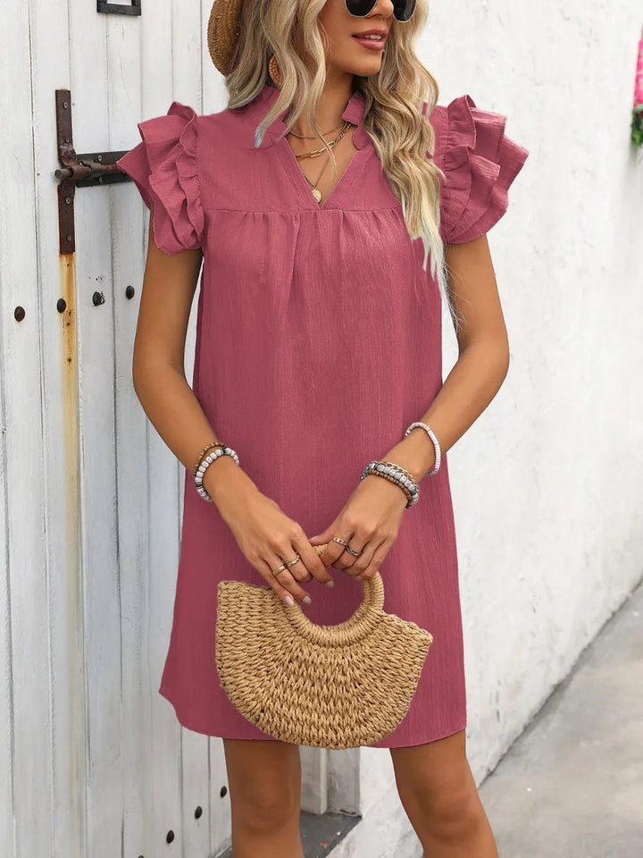 Ivy Lane Ruffled Notched Cap Sleeve Mini Dress - VeauBeauty