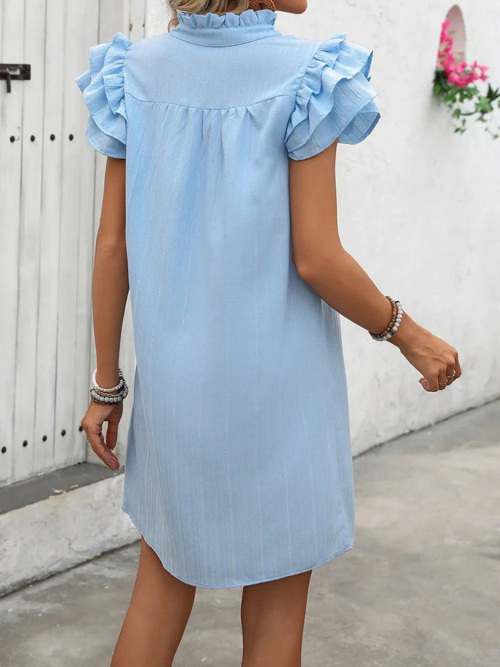 Ivy Lane Ruffled Notched Cap Sleeve Mini Dress - VeauBeauty