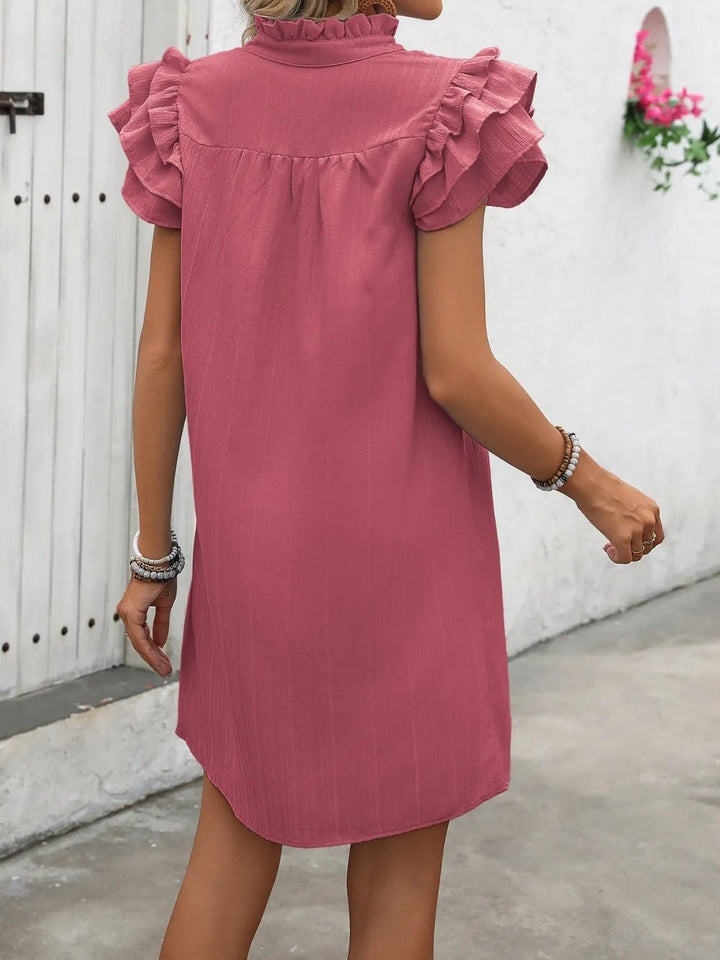 Ivy Lane Ruffled Notched Cap Sleeve Mini Dress - VeauBeauty