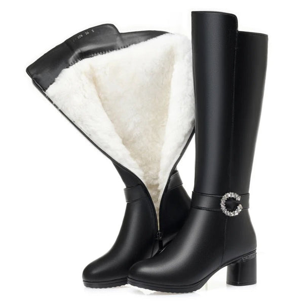 Knee - High Leather Boots – Winter Warm Wool - Lined High Heel Long Boots for Women - VeauBeauty