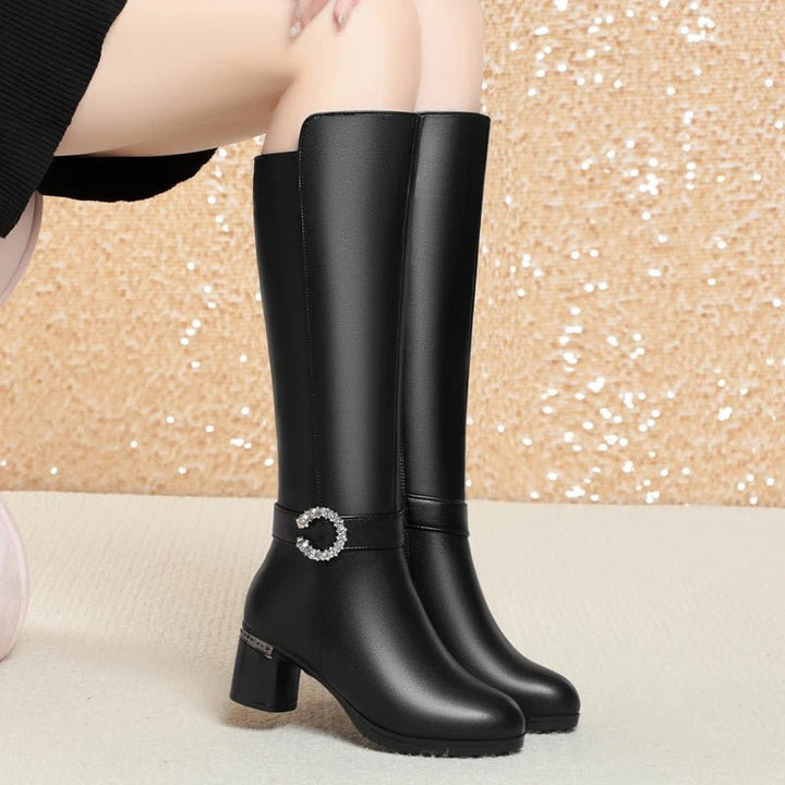 Knee - High Leather Boots – Winter Warm Wool - Lined High Heel Long Boots for Women - VeauBeauty