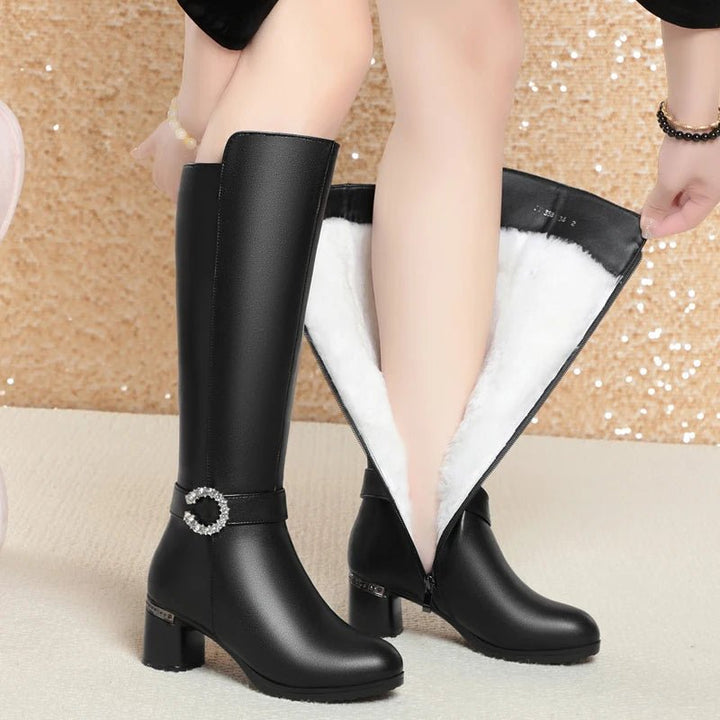 Knee - High Leather Boots – Winter Warm Wool - Lined High Heel Long Boots for Women - VeauBeauty