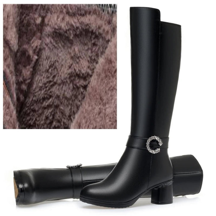 Knee - High Leather Boots – Winter Warm Wool - Lined High Heel Long Boots for Women - VeauBeauty