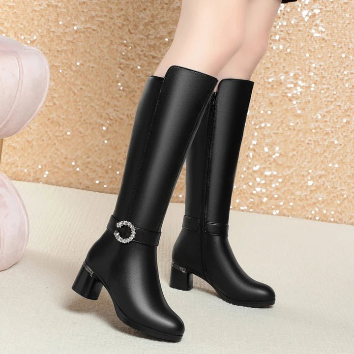 Knee - High Leather Boots – Winter Warm Wool - Lined High Heel Long Boots for Women - VeauBeauty