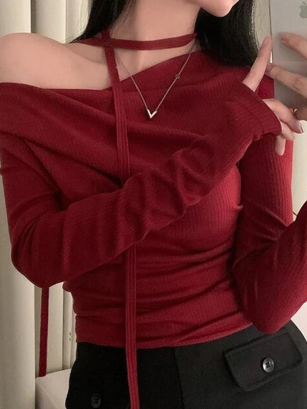 Korean Off - Shoulder Long Sleeve Knit Top – Slim Fit Autumn Base Layer 2025 - VeauBeauty