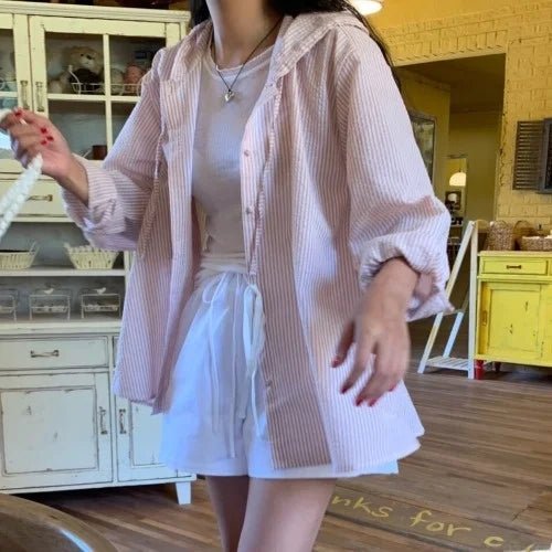 Korean Style Lantern Sleeve Sun Shirt – Striped Long Sleeve Loose Fit - VeauBeauty