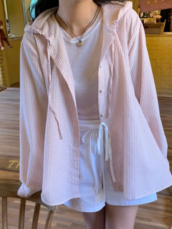 Korean Style Lantern Sleeve Sun Shirt – Striped Long Sleeve Loose Fit - VeauBeauty