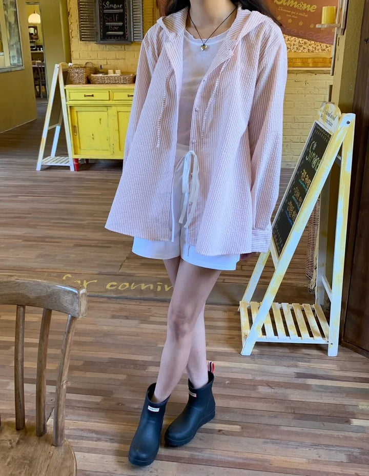 Korean Style Lantern Sleeve Sun Shirt – Striped Long Sleeve Loose Fit - VeauBeauty