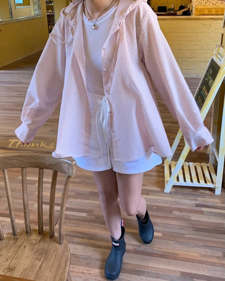 Korean Style Lantern Sleeve Sun Shirt – Striped Long Sleeve Loose Fit - VeauBeauty