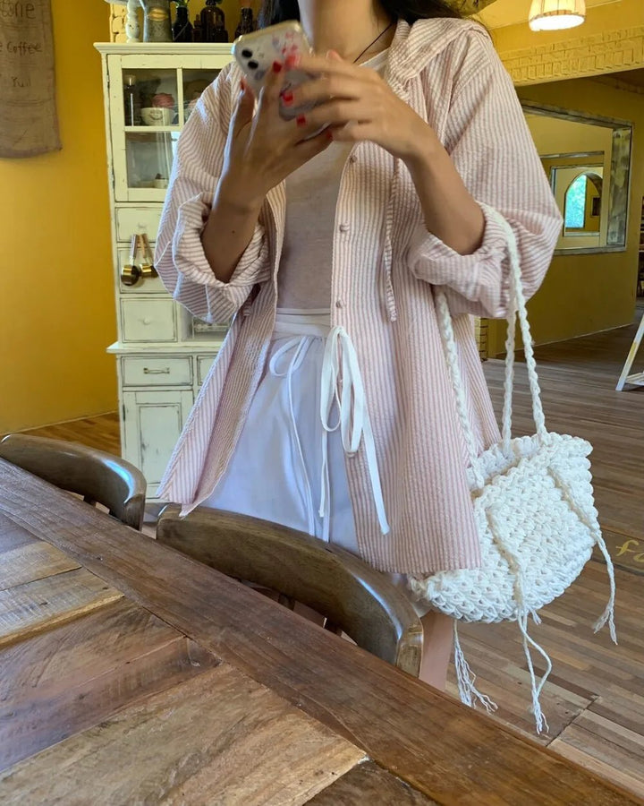 Korean Style Lantern Sleeve Sun Shirt – Striped Long Sleeve Loose Fit - VeauBeauty