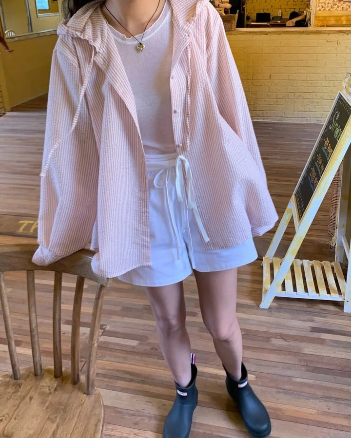 Korean Style Lantern Sleeve Sun Shirt – Striped Long Sleeve Loose Fit - VeauBeauty
