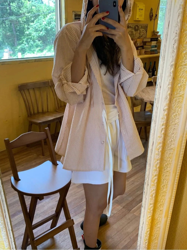 Korean Style Lantern Sleeve Sun Shirt – Striped Long Sleeve Loose Fit - VeauBeauty