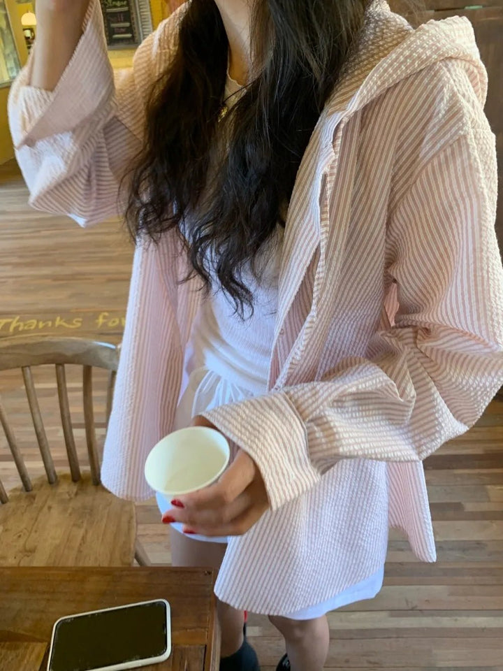 Korean Style Lantern Sleeve Sun Shirt – Striped Long Sleeve Loose Fit - VeauBeauty