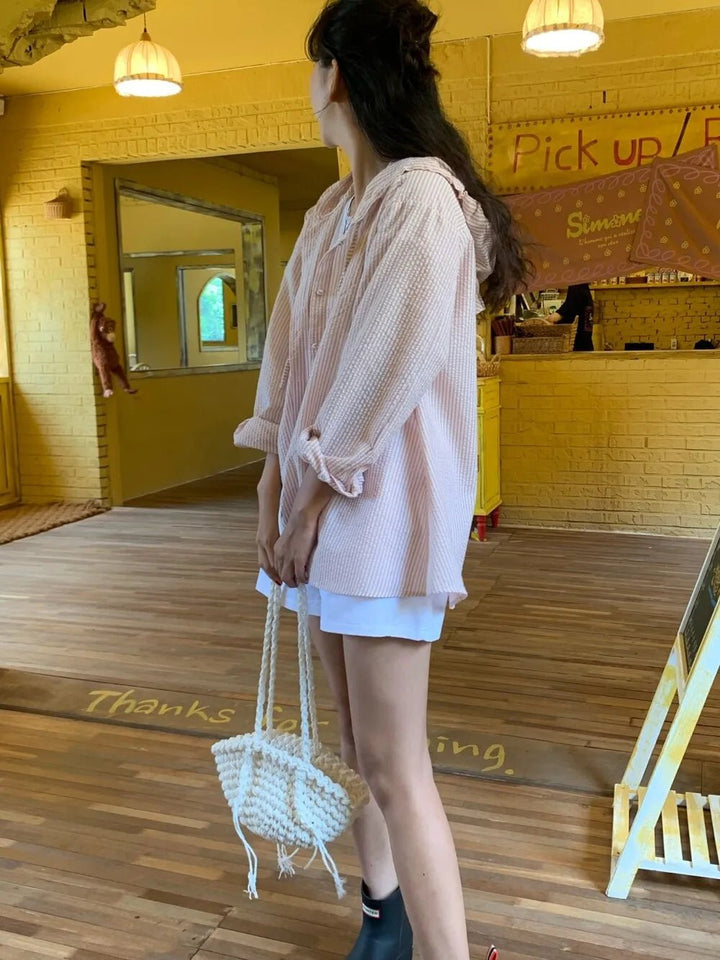 Korean Style Lantern Sleeve Sun Shirt – Striped Long Sleeve Loose Fit - VeauBeauty