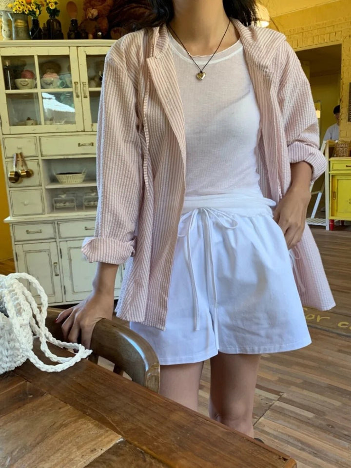 Korean Style Lantern Sleeve Sun Shirt – Striped Long Sleeve Loose Fit - VeauBeauty