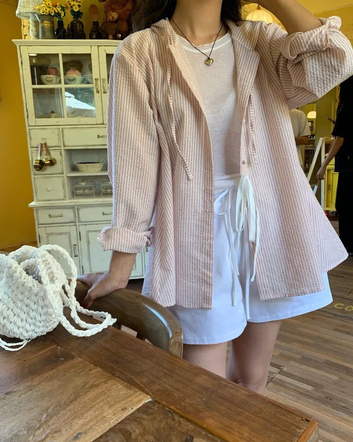 Korean Style Lantern Sleeve Sun Shirt – Striped Long Sleeve Loose Fit - VeauBeauty