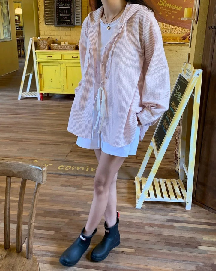 Korean Style Lantern Sleeve Sun Shirt – Striped Long Sleeve Loose Fit - VeauBeauty