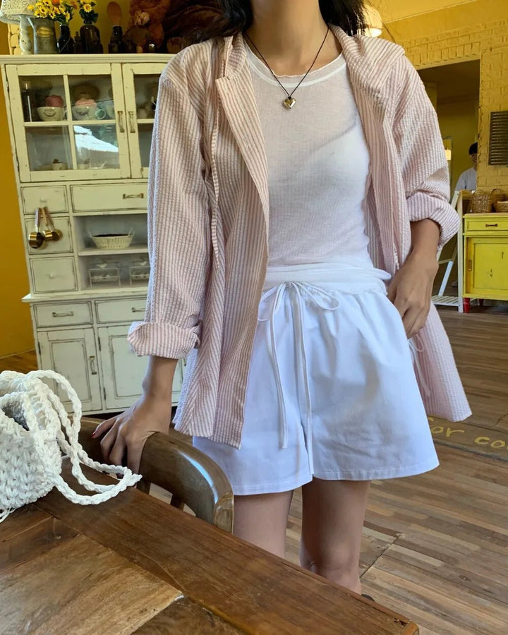 Korean Style Lantern Sleeve Sun Shirt – Striped Long Sleeve Loose Fit - VeauBeauty