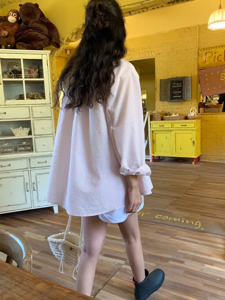 Korean Style Lantern Sleeve Sun Shirt – Striped Long Sleeve Loose Fit - VeauBeauty