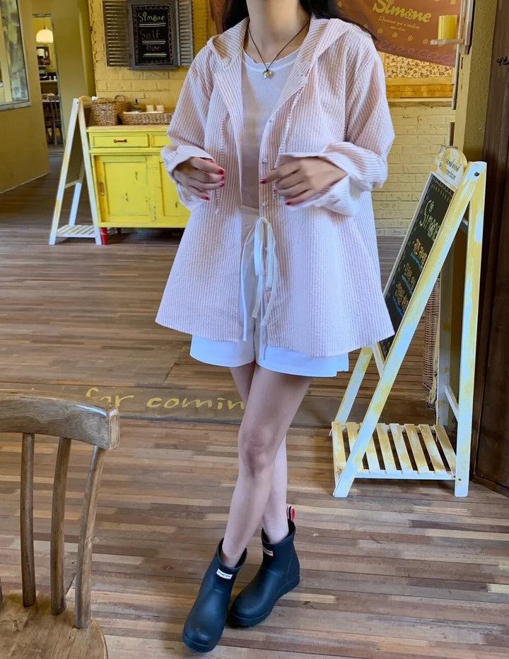 Korean Style Lantern Sleeve Sun Shirt – Striped Long Sleeve Loose Fit - VeauBeauty