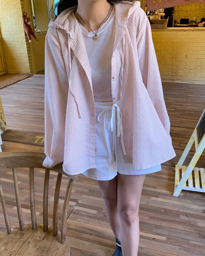 Korean Style Lantern Sleeve Sun Shirt – Striped Long Sleeve Loose Fit - VeauBeauty