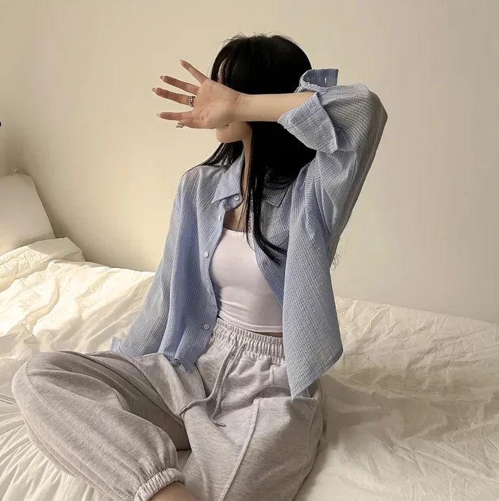 Korean Style Loose Fit Long Sleeve Shirt – Women’s Lightweight Casual Top - VeauBeauty