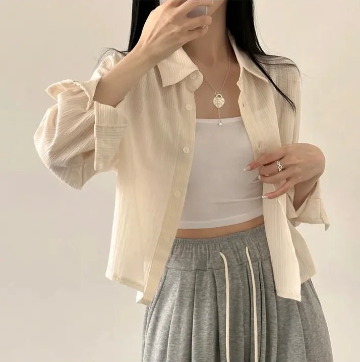 Korean Style Loose Fit Long Sleeve Shirt – Women’s Lightweight Casual Top - VeauBeauty