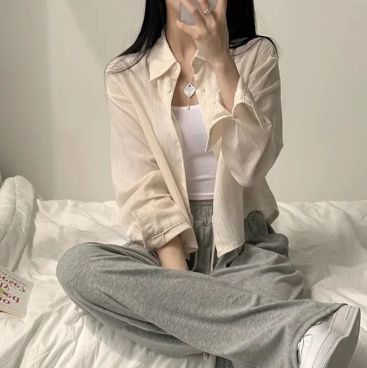 Korean Style Loose Fit Long Sleeve Shirt – Women’s Lightweight Casual Top - VeauBeauty