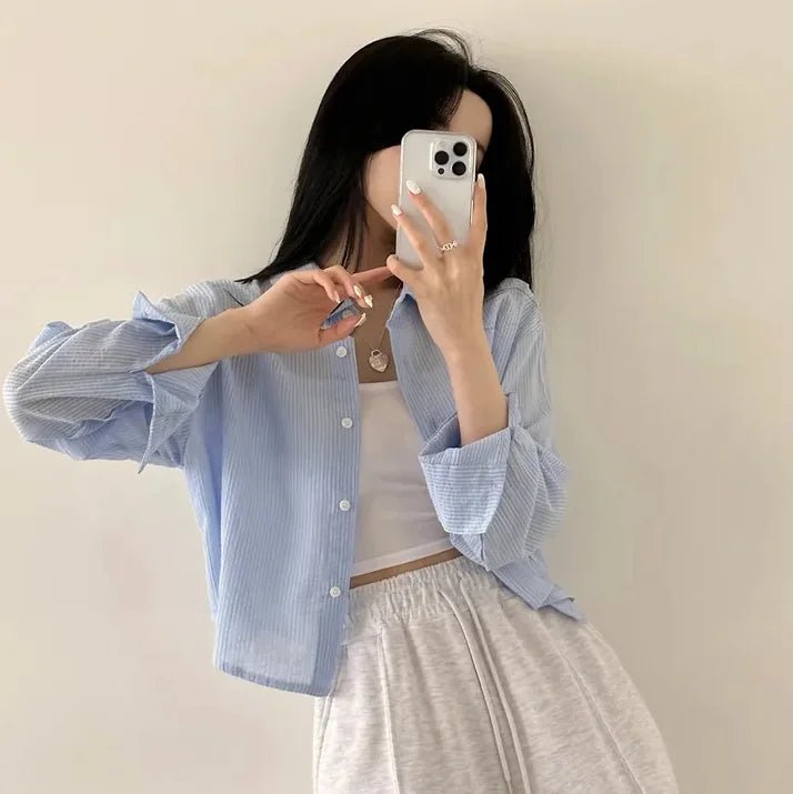 Korean Style Loose Fit Long Sleeve Shirt – Women’s Lightweight Casual Top - VeauBeauty
