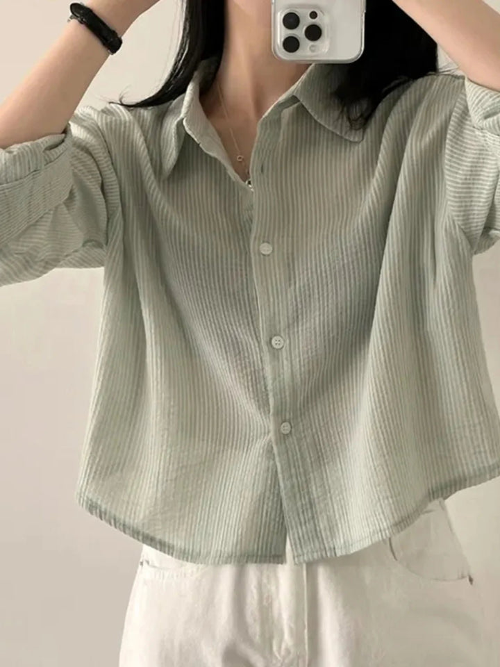 Korean Style Loose Fit Long Sleeve Shirt – Women’s Lightweight Casual Top - VeauBeauty