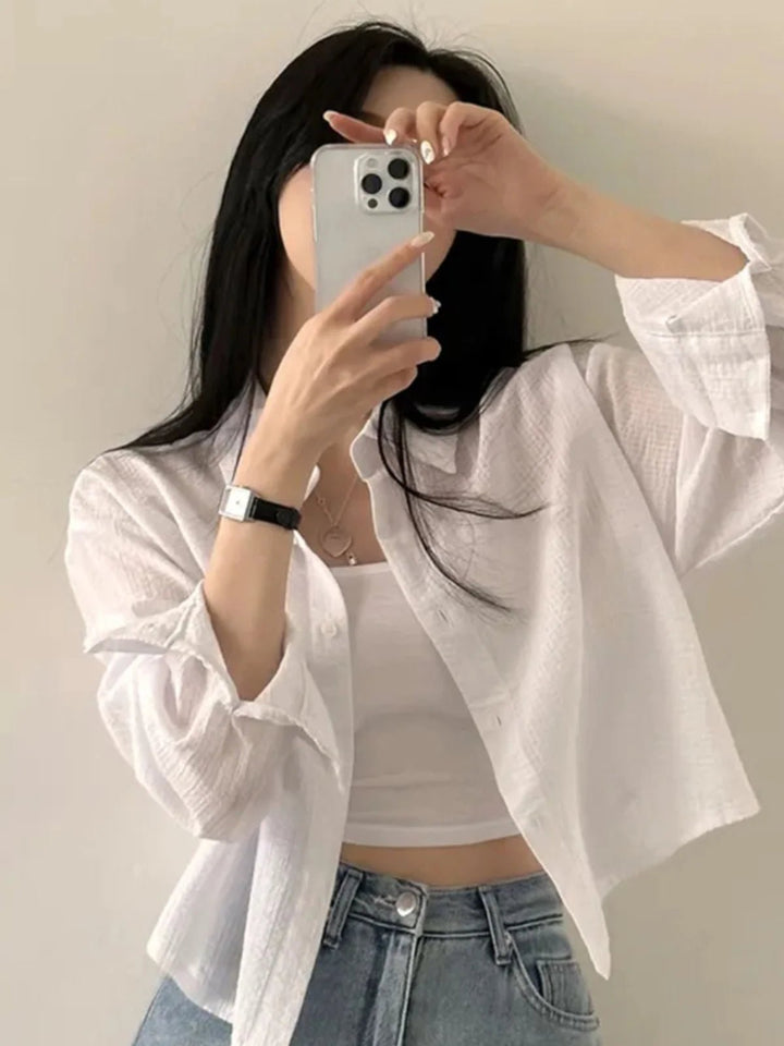 Korean Style Loose Fit Long Sleeve Shirt – Women’s Lightweight Casual Top - VeauBeauty