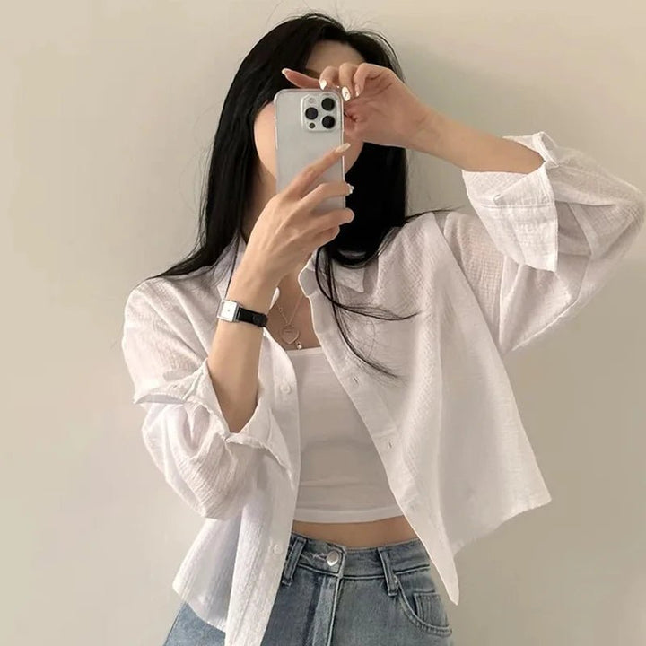 Korean Style Loose Fit Long Sleeve Shirt – Women’s Lightweight Casual Top - VeauBeauty