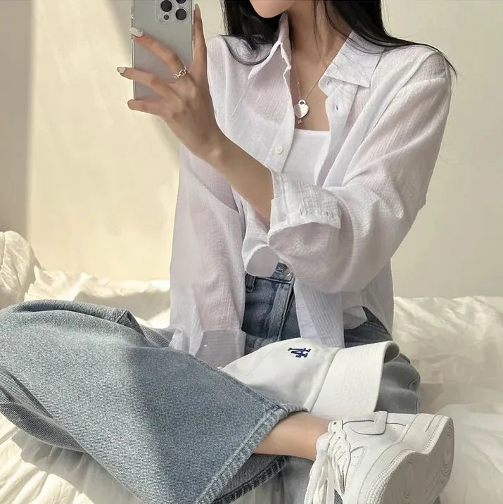 Korean Style Loose Fit Long Sleeve Shirt – Women’s Lightweight Casual Top - VeauBeauty