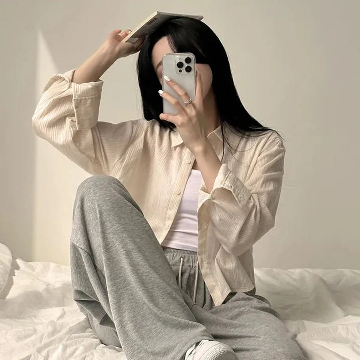 Korean Style Loose Fit Long Sleeve Shirt – Women’s Lightweight Casual Top - VeauBeauty