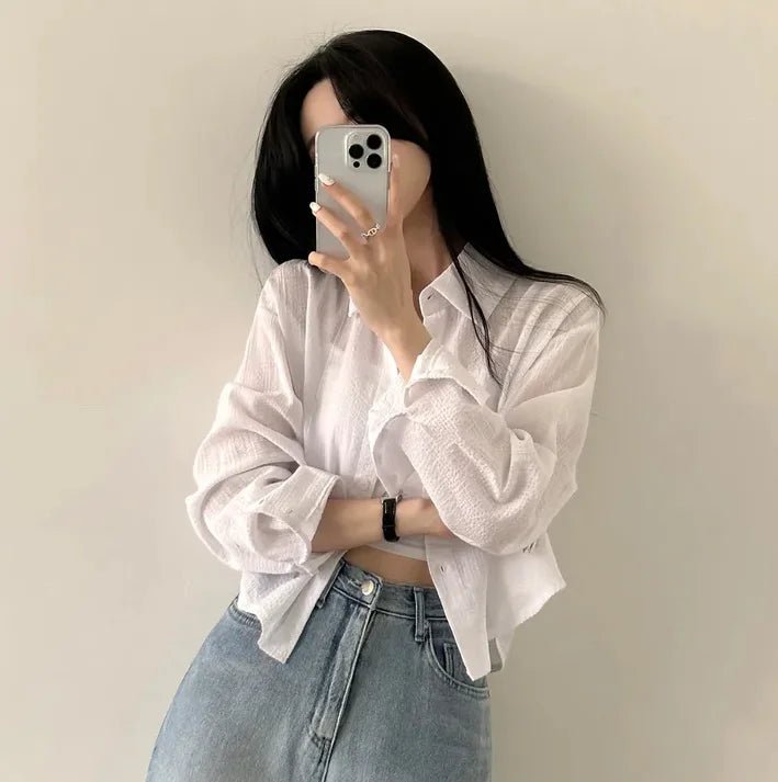 Korean Style Loose Fit Long Sleeve Shirt – Women’s Lightweight Casual Top - VeauBeauty