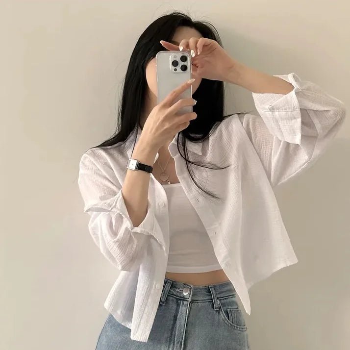 Korean Style Loose Fit Long Sleeve Shirt – Women’s Lightweight Casual Top - VeauBeauty