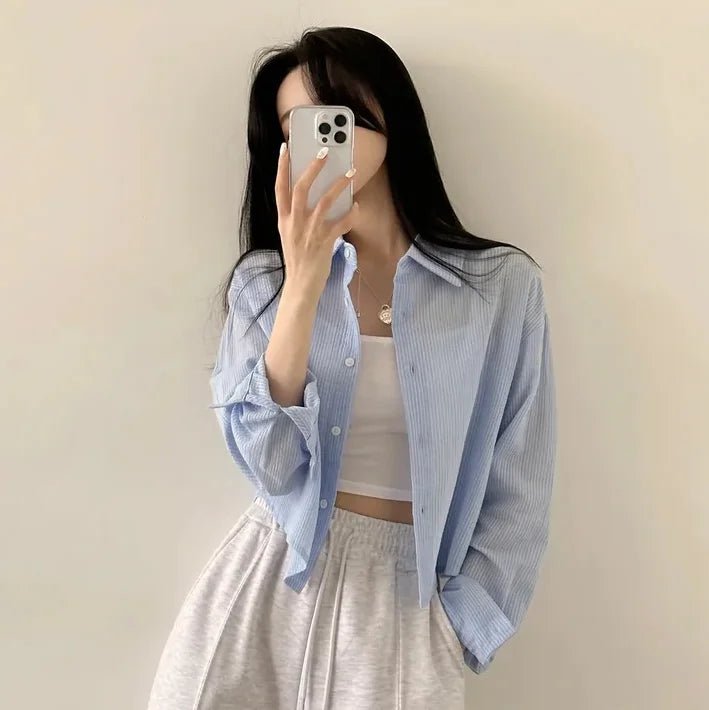 Korean Style Loose Fit Long Sleeve Shirt – Women’s Lightweight Casual Top - VeauBeauty