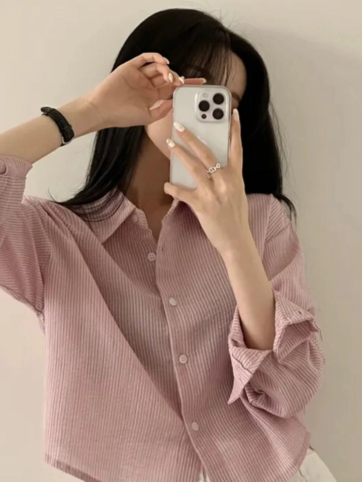 Korean Style Loose Fit Long Sleeve Shirt – Women’s Lightweight Casual Top - VeauBeauty