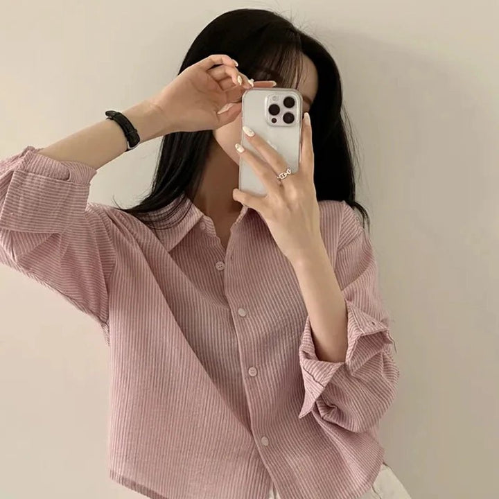 Korean Style Loose Fit Long Sleeve Shirt – Women’s Lightweight Casual Top - VeauBeauty