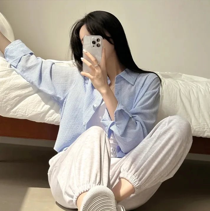 Korean Style Loose Fit Long Sleeve Shirt – Women’s Lightweight Casual Top - VeauBeauty