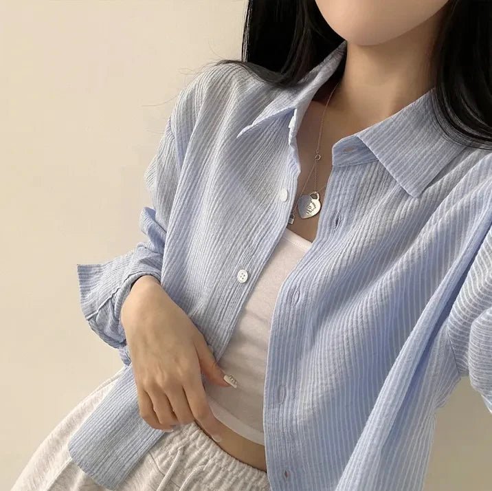 Korean Style Loose Fit Long Sleeve Shirt – Women’s Lightweight Casual Top - VeauBeauty