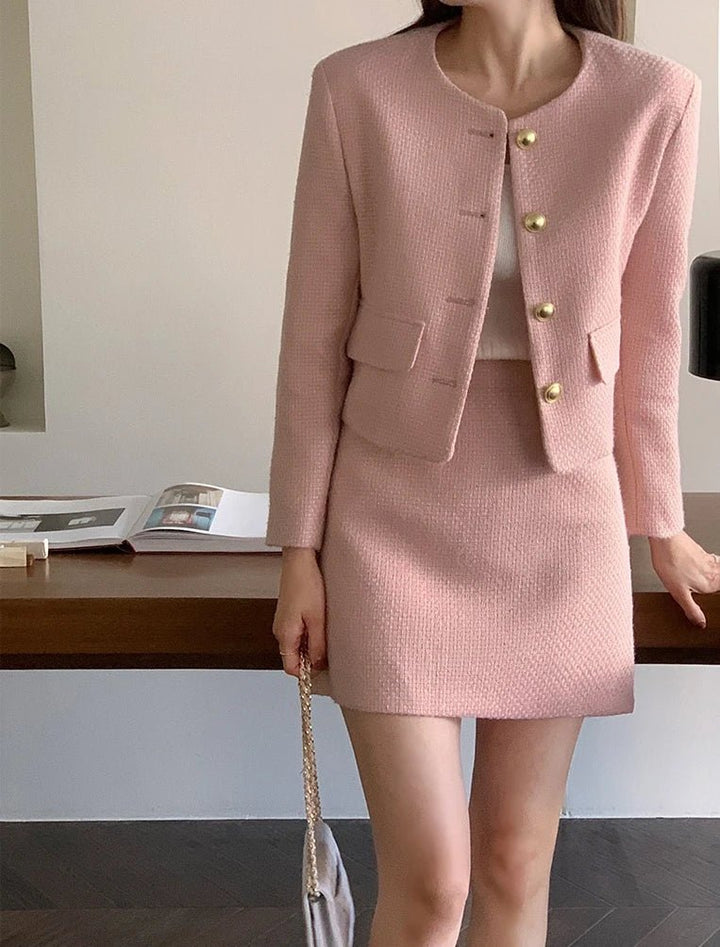 Korean Tailored Coat & Skirt Set – Sleek Round Neck Two - Piece Suit 2025 - VeauBeauty