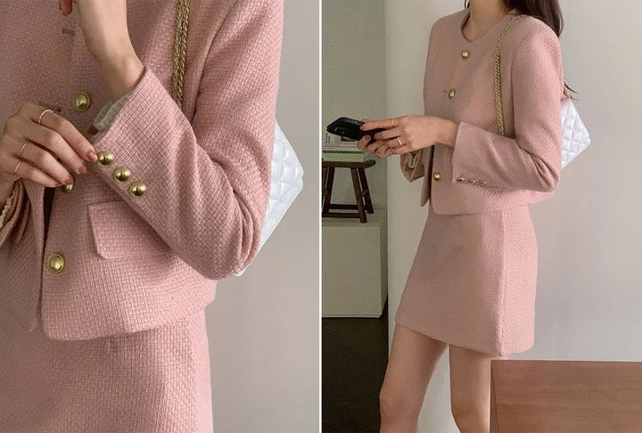 Korean Tailored Coat & Skirt Set – Sleek Round Neck Two - Piece Suit 2025 - VeauBeauty