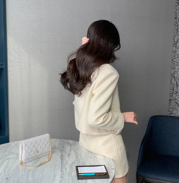 Korean Tailored Coat & Skirt Set – Sleek Round Neck Two - Piece Suit 2025 - VeauBeauty