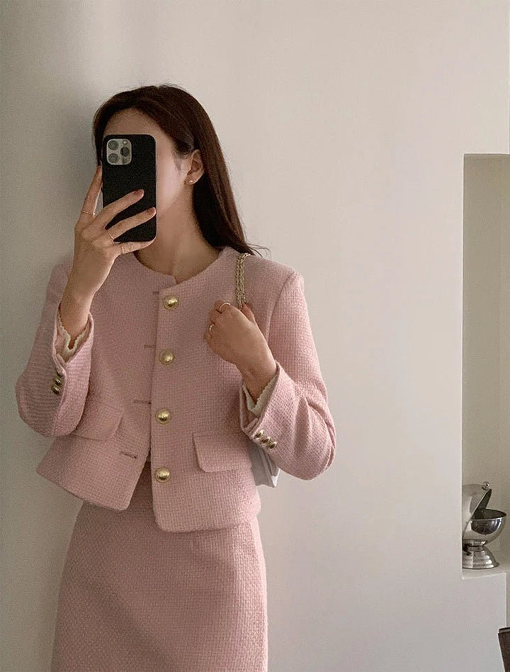 Korean Tailored Coat & Skirt Set – Sleek Round Neck Two - Piece Suit 2025 - VeauBeauty