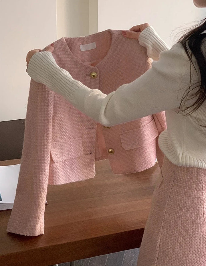 Korean Tailored Coat & Skirt Set – Sleek Round Neck Two - Piece Suit 2025 - VeauBeauty