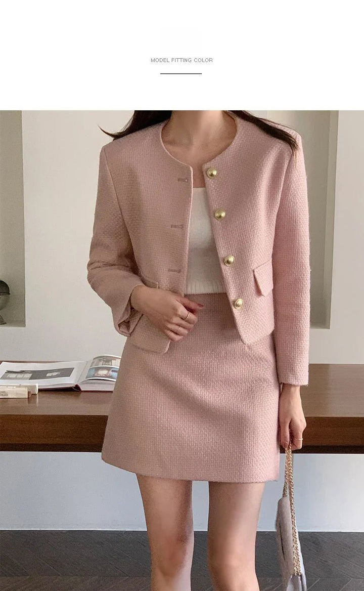 Korean Tailored Coat & Skirt Set – Sleek Round Neck Two - Piece Suit 2025 - VeauBeauty