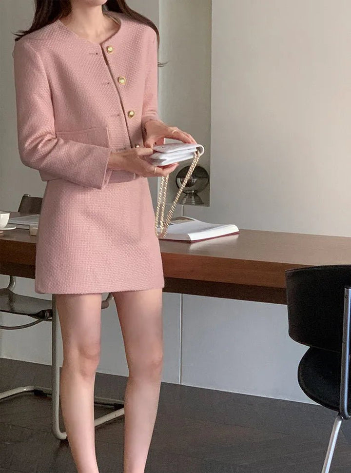 Korean Tailored Coat & Skirt Set – Sleek Round Neck Two - Piece Suit 2025 - VeauBeauty